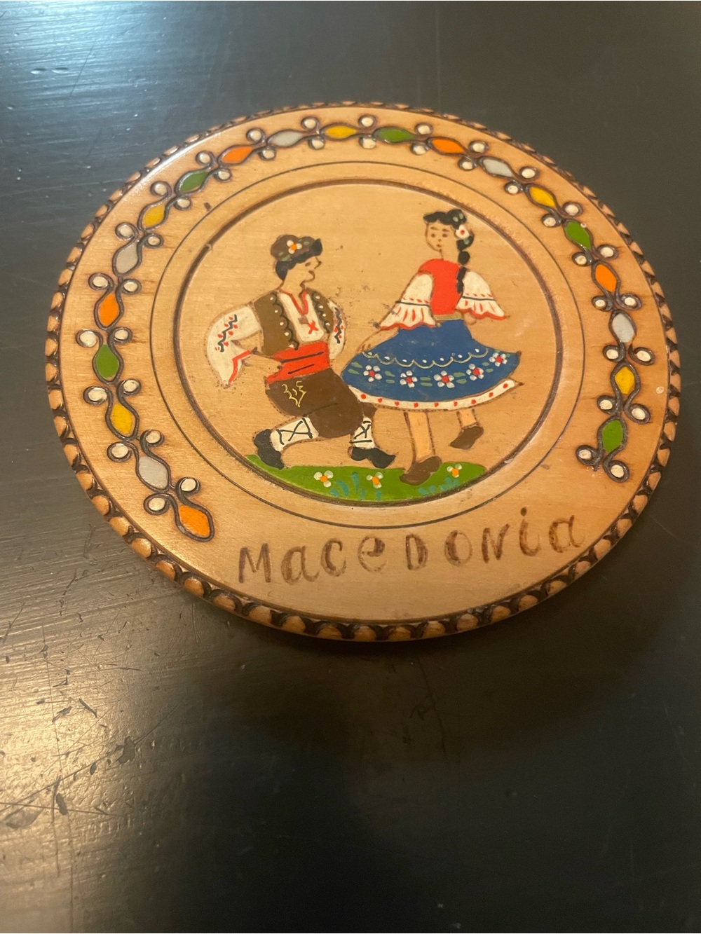Macedonia Hand-Painted Wooden plate with Folk Dancers Multicolor